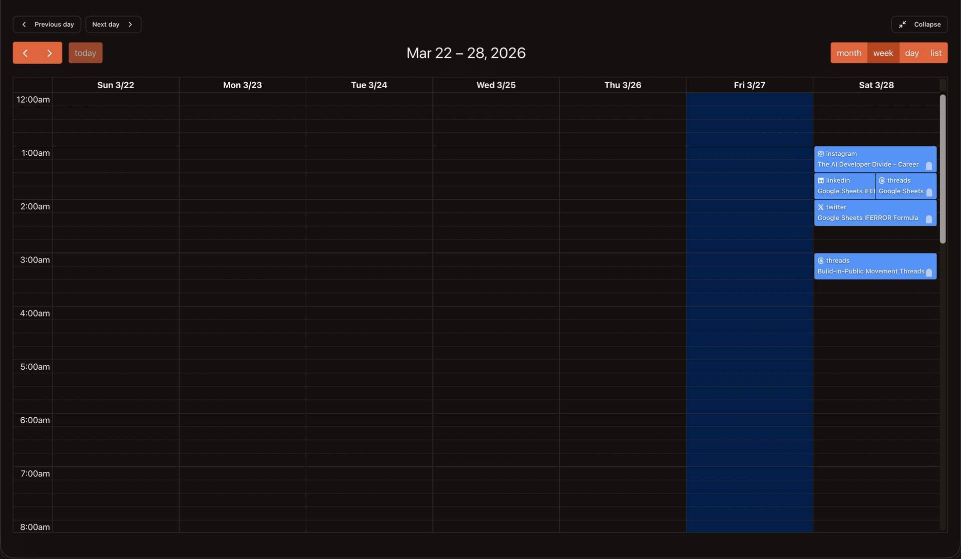 Weekly calendar view showing posts color-coded by platform in time slots across Monday through Sunday