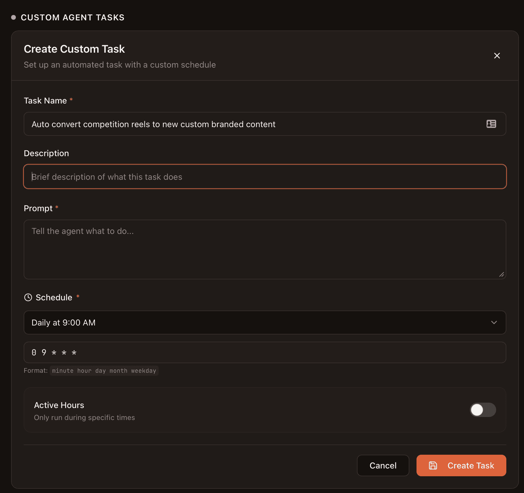 Create Custom Task form with name, prompt, schedule, and active hours fields