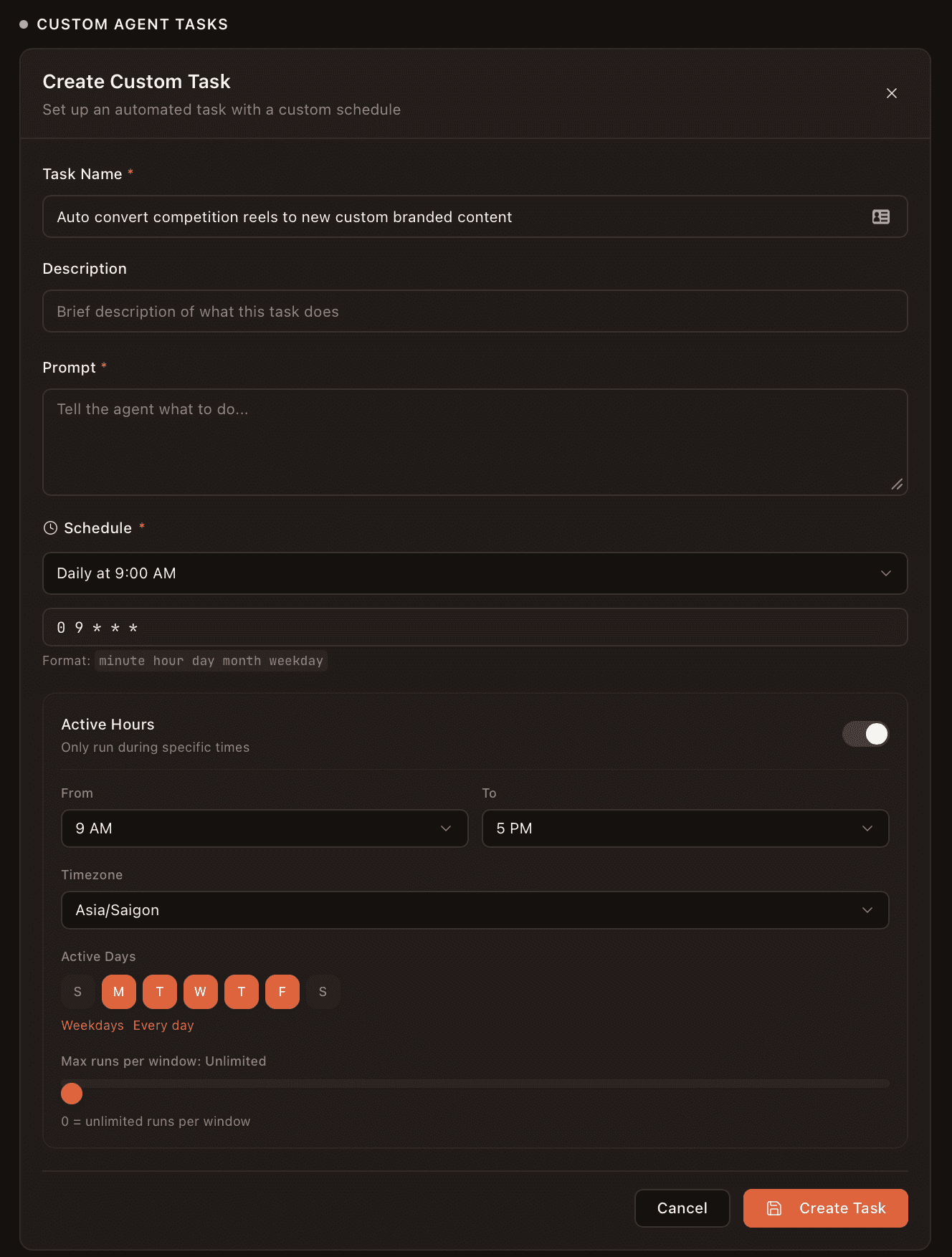 Active Hours settings showing time window, timezone, weekday picker, and runs per window