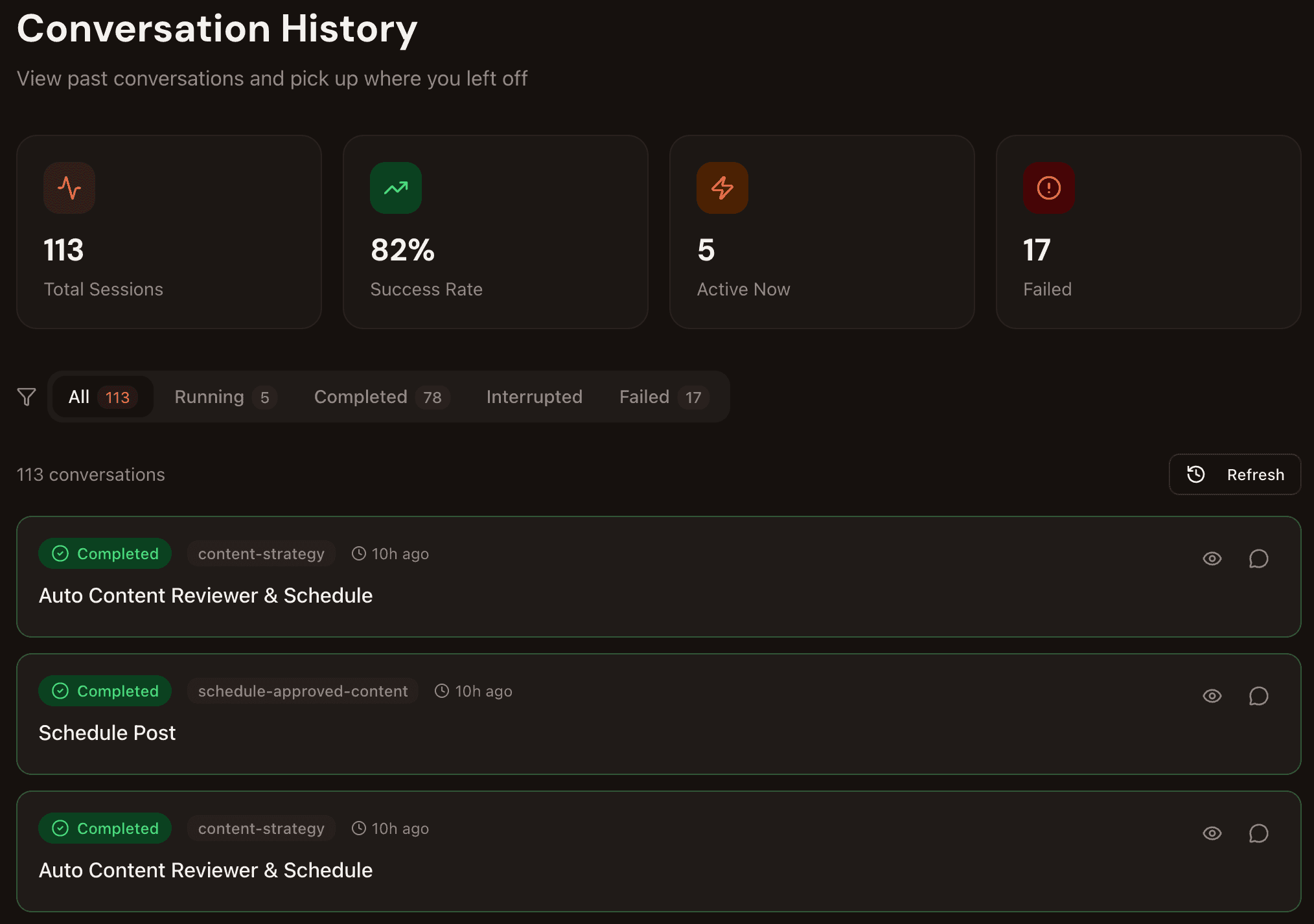Conversation History showing task sessions with stats, status filters, and individual run details