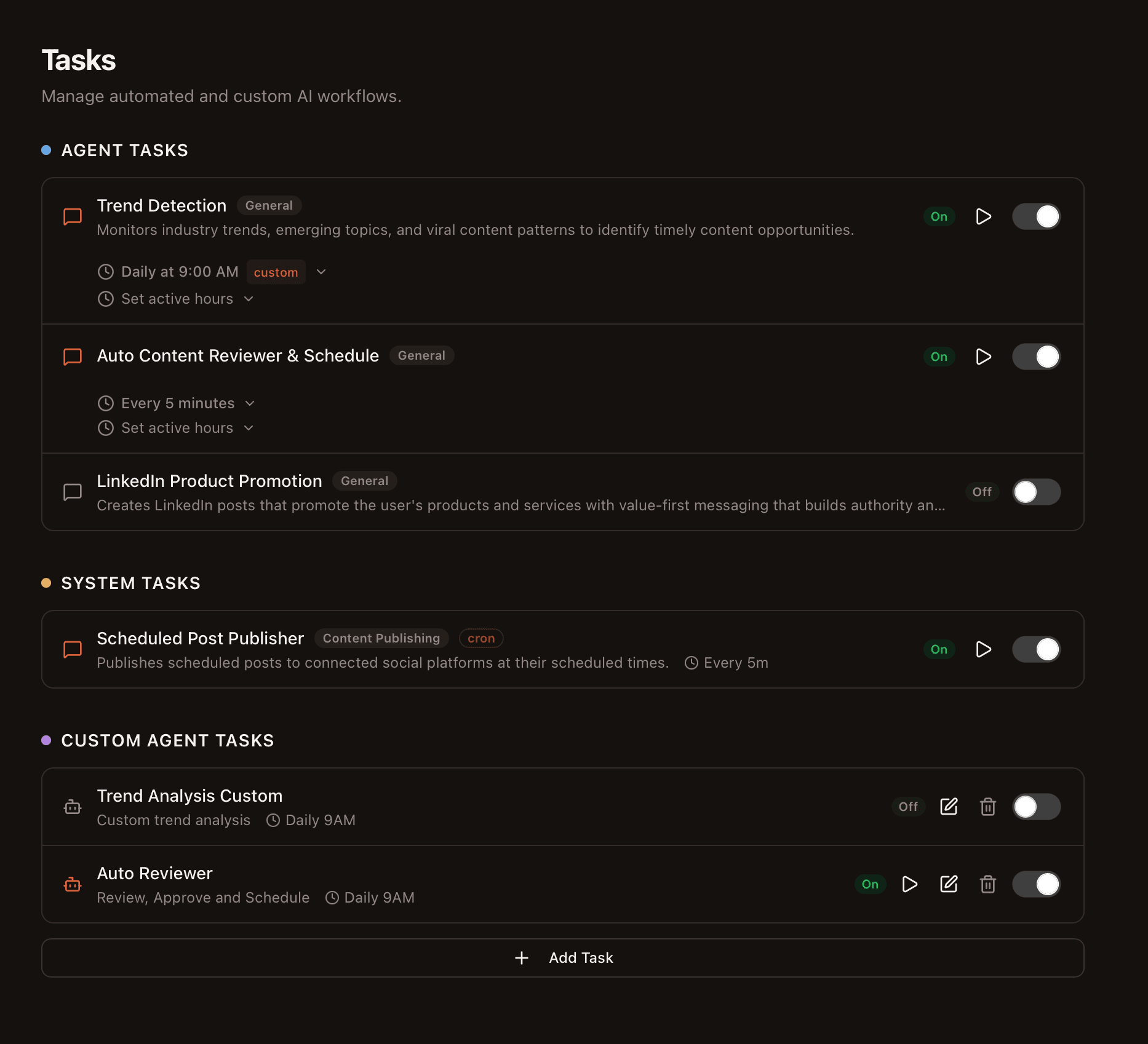 Automated agent tasks with Trend Detection, Auto Content Reviewer, LinkedIn Product Promotion and custom schedules with ON/OFF toggles