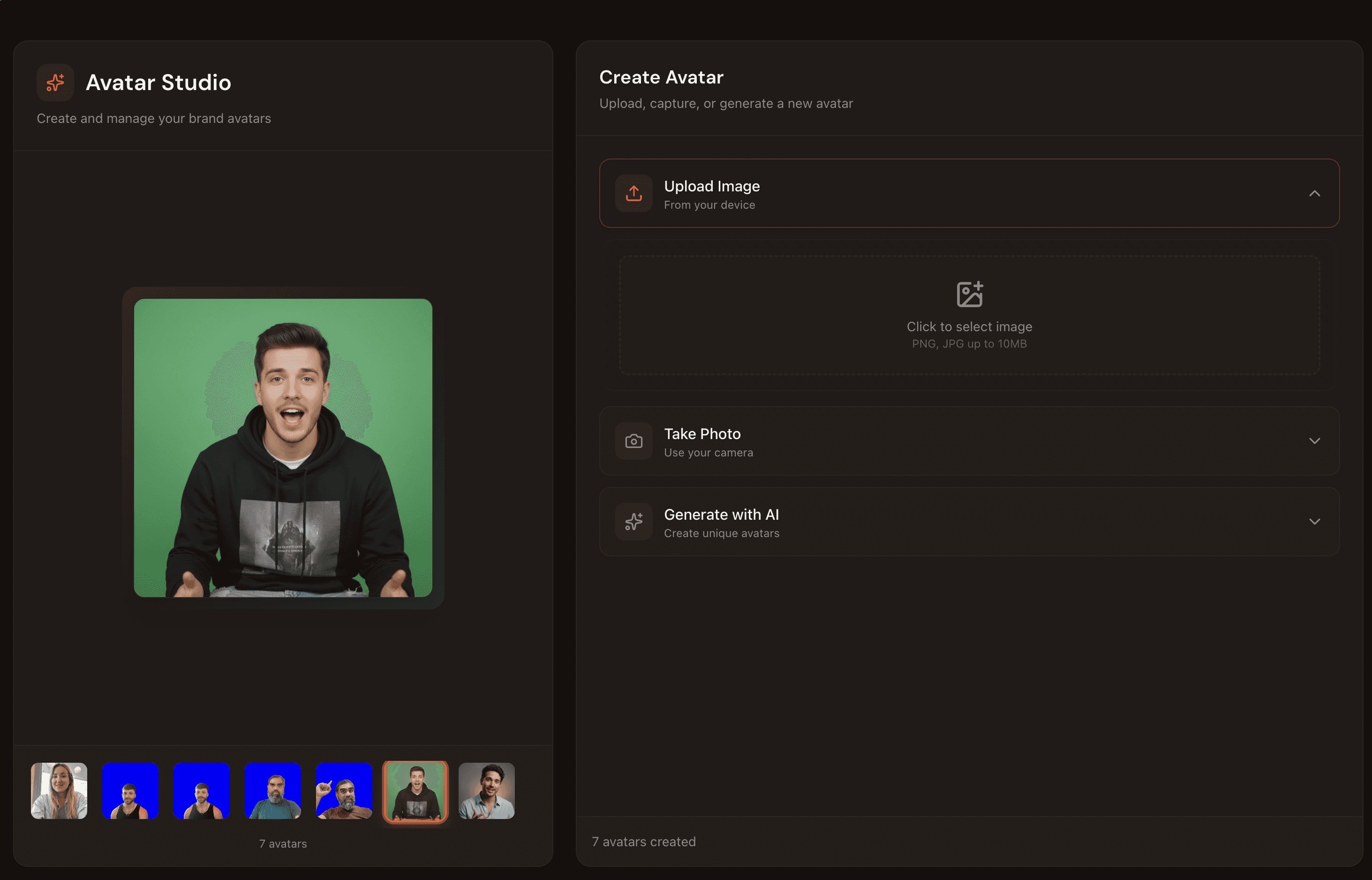 Avatar Studio showing stored AI avatars with Upload Image, Take Photo, and Generate with AI options