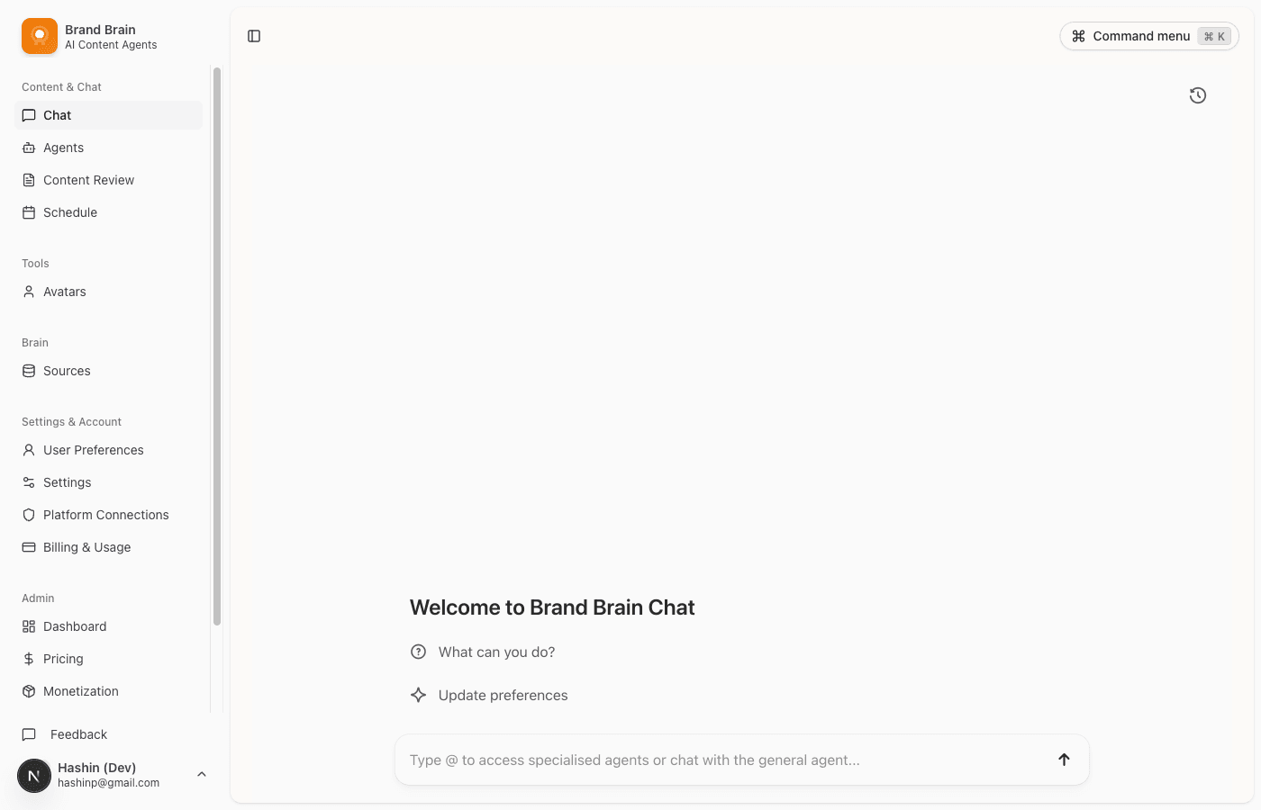 BrandBrain agent chat with prompt templates for content calendar, social strategy, and trending topics