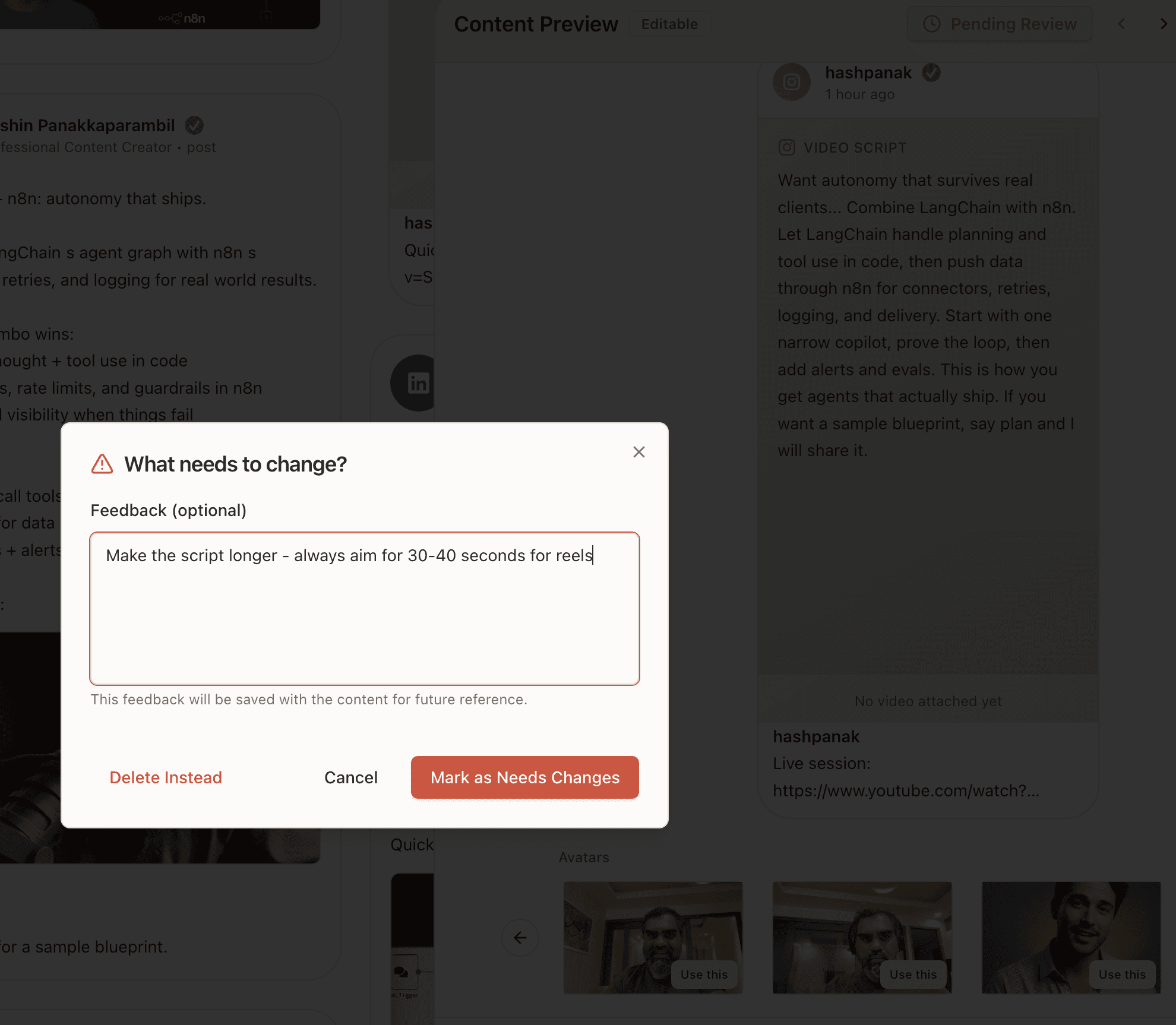 BrandBrain content review showing the request changes dialog with written feedback on a draft