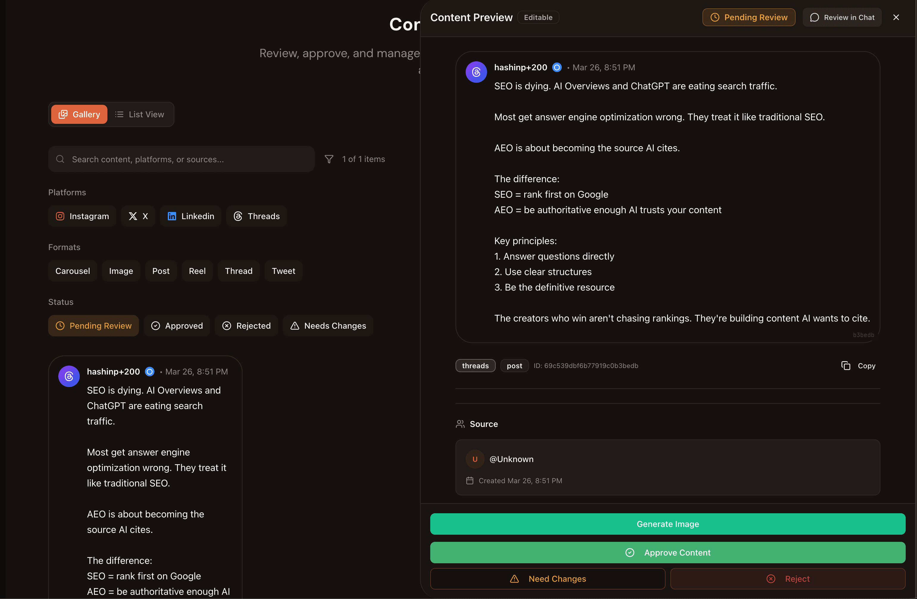 Content review panel with Approve Content, Need Changes, Reject, and Generate Image buttons, filterable by platform