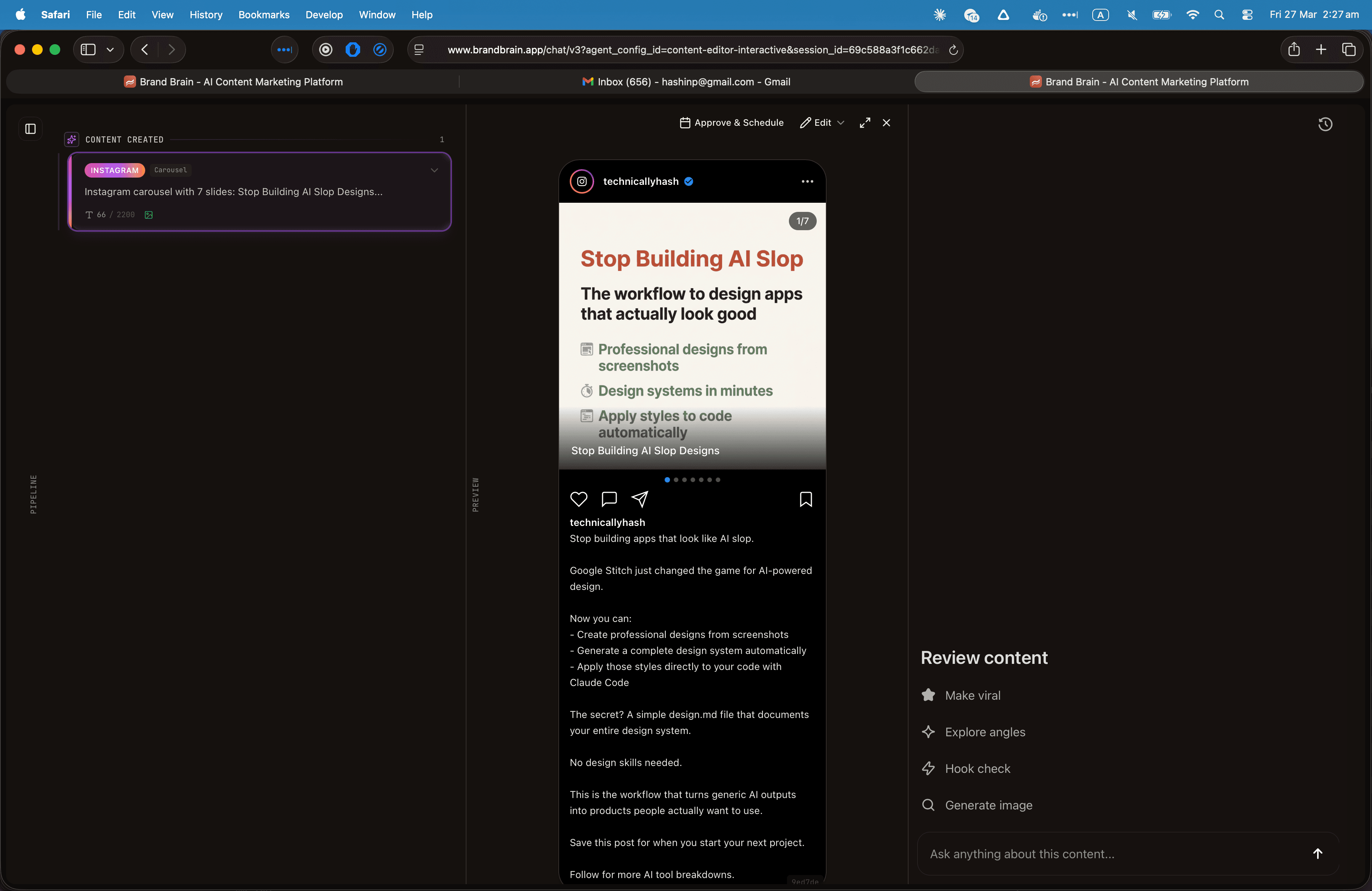 Instagram carousel with designed slide preview and review options like Make viral and Hook check