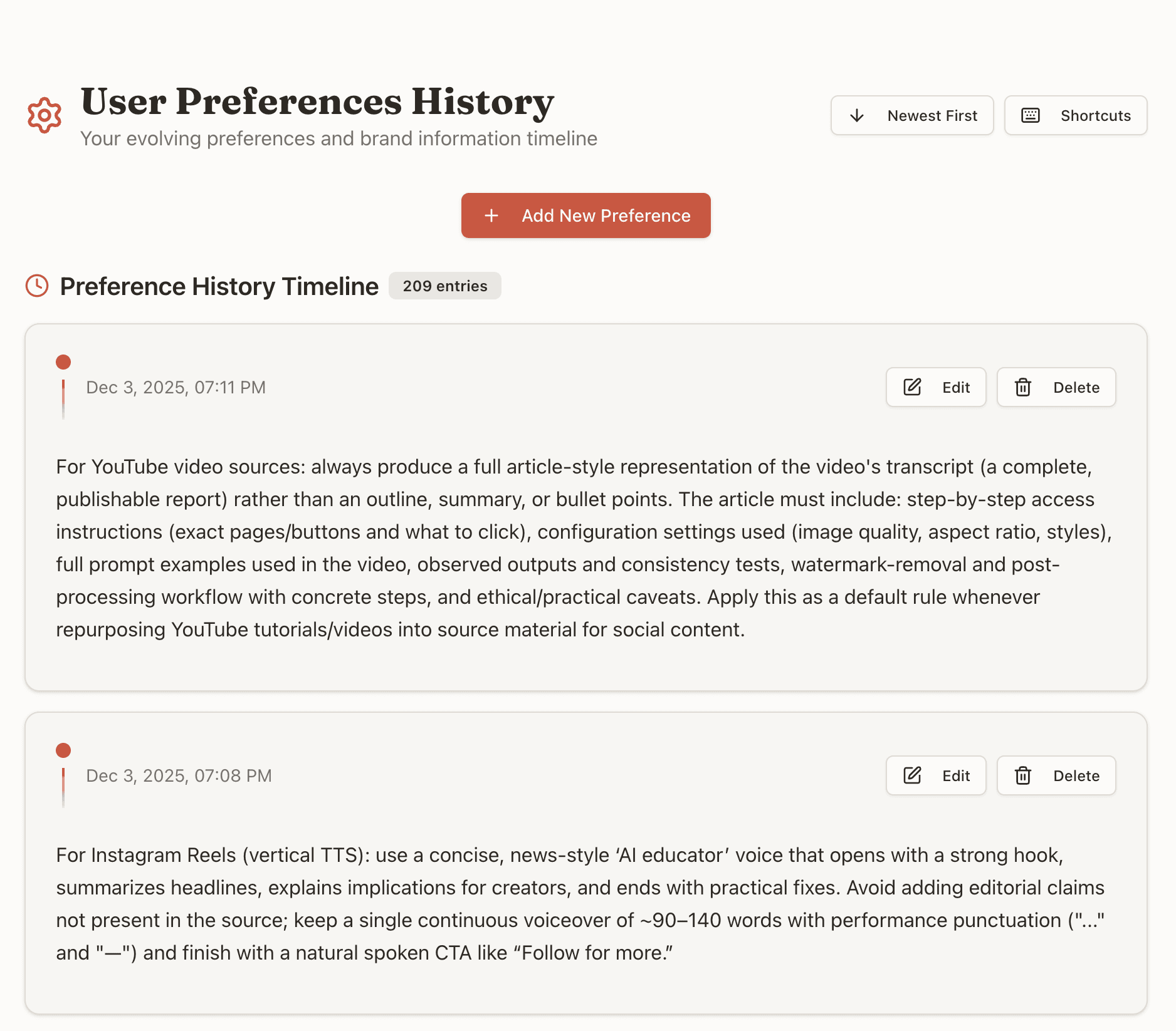 Preference history timeline with 260+ auto-captured entries including rules, strategy, and scoring criteria