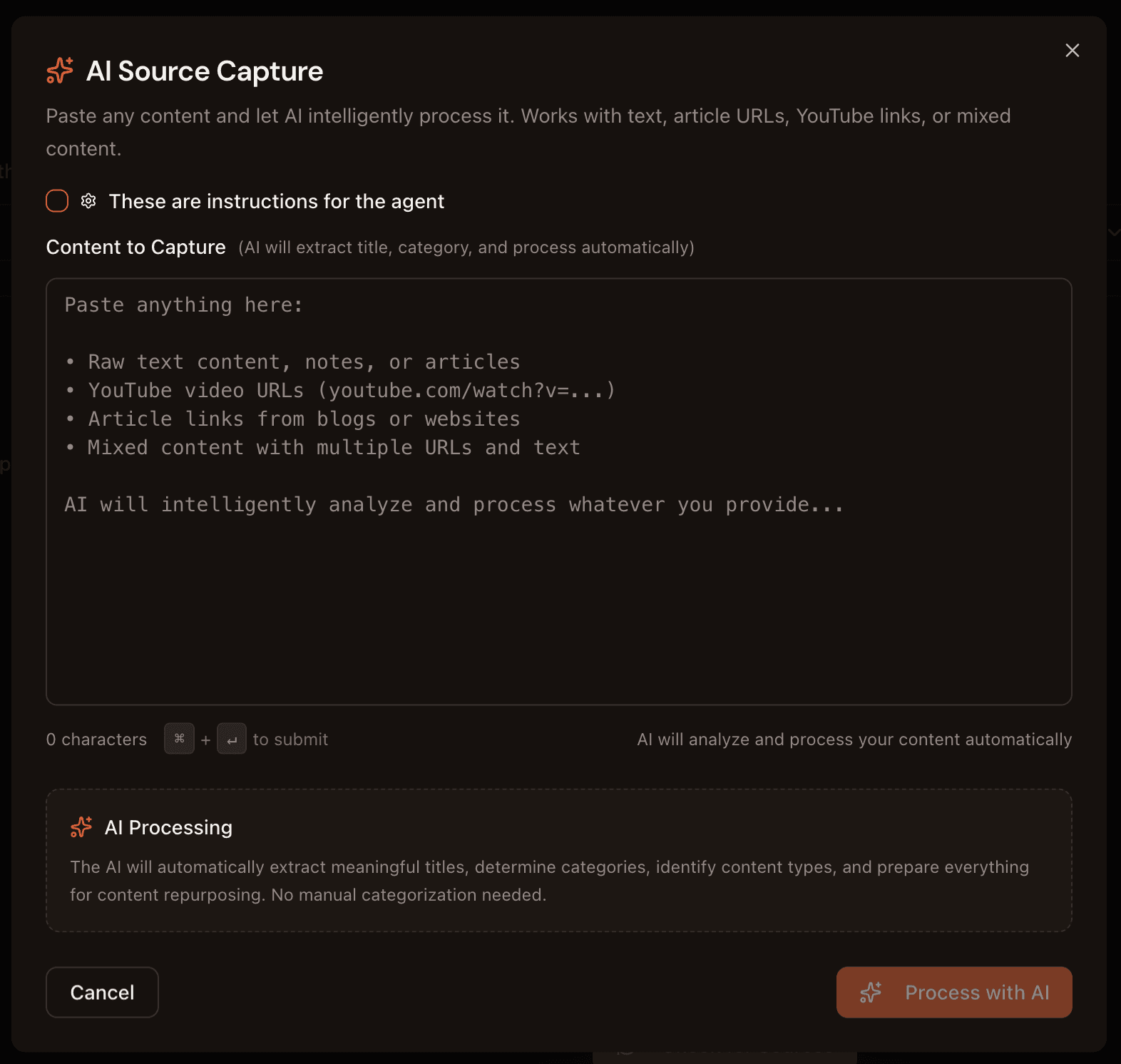 AI Source Capture dialog with content area, instruction mode toggle, and Process with AI button