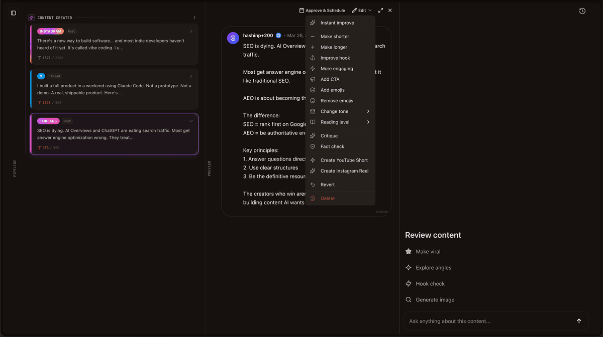 Review menu showing one-click actions: Instant Improve, Make Shorter, Make Longer, Improve Hook, Add CTA, Create YouTube Short, Create Instagram Reel