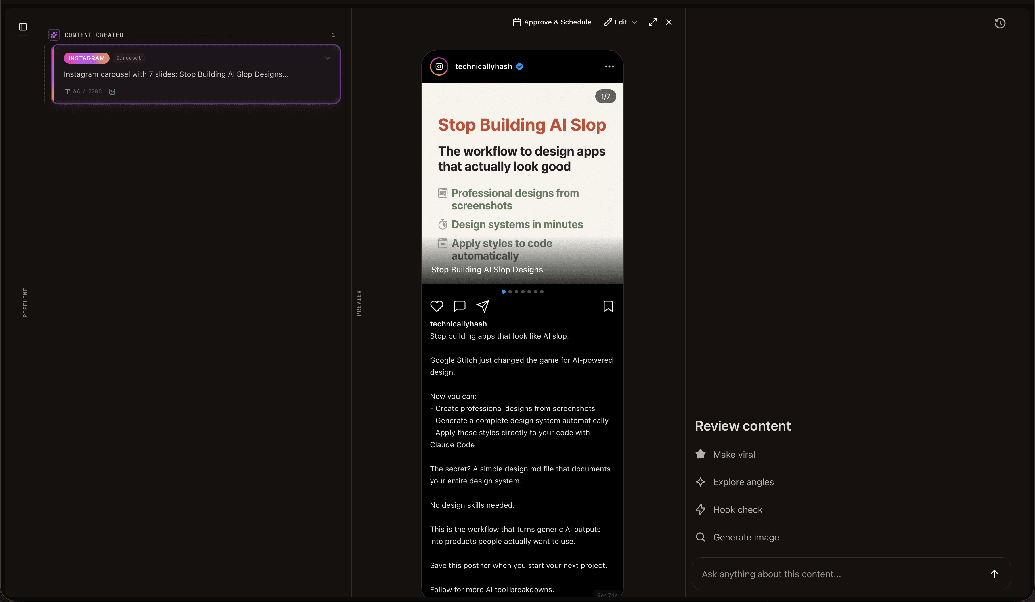 Split view showing content preview on the left and contextual Agent Chat on the right for reviewing and editing