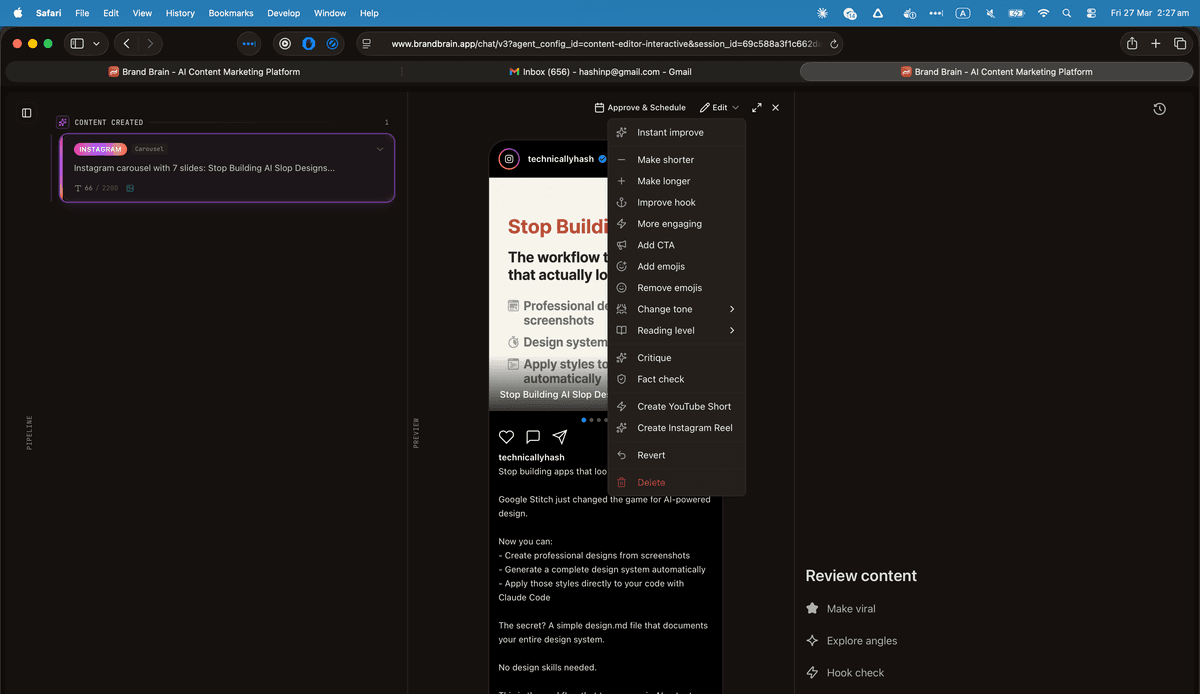 Content preview in chat panel with edit menu open showing all available editing actions