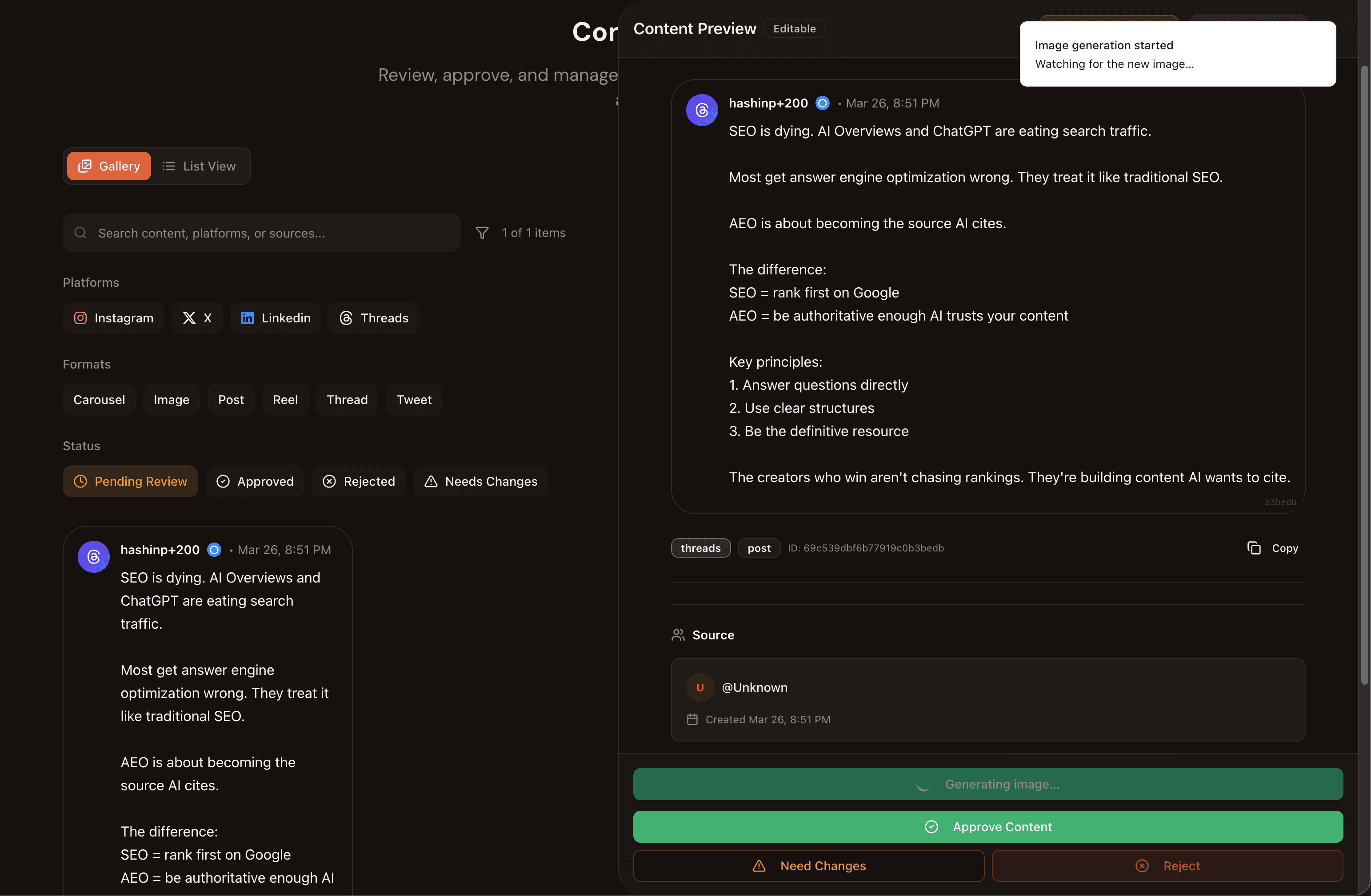 Content review panel with image generation in progress, showing notification: Image generation started