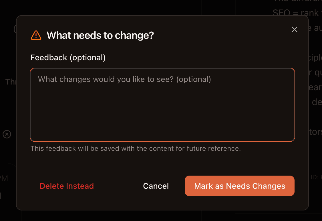Needs Changes dialog with feedback text field and Mark as Needs Changes button