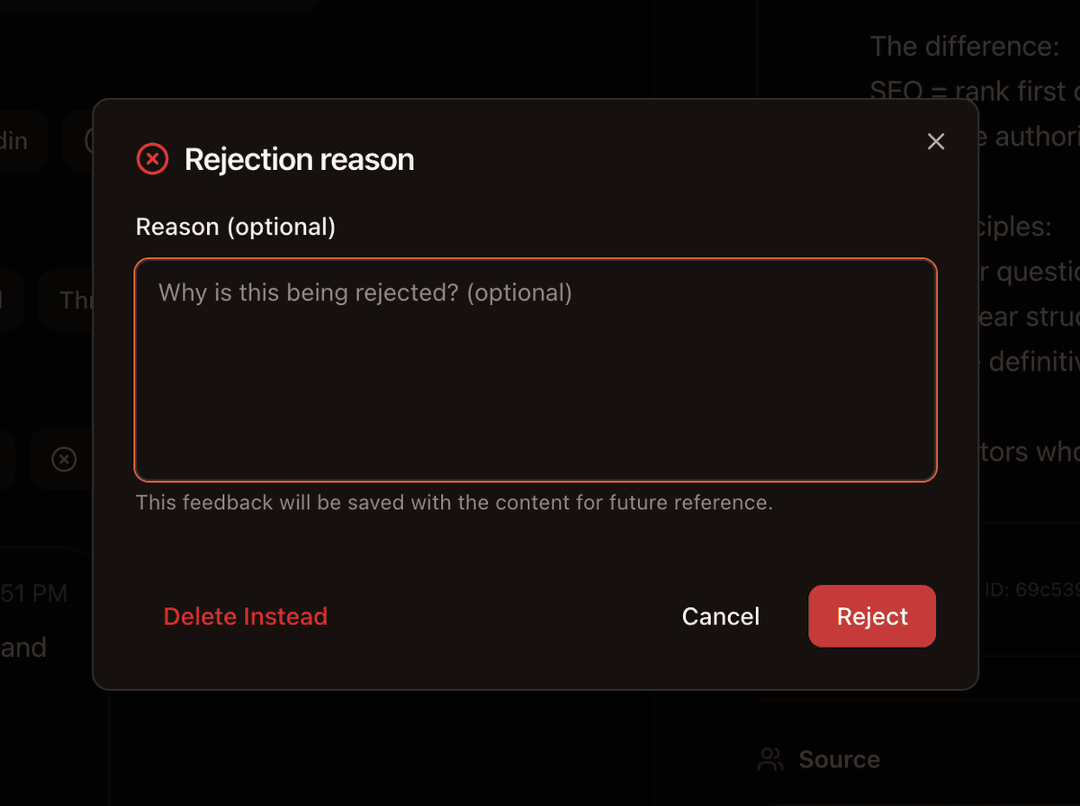 Rejection reason dialog with reason text field and Reject button