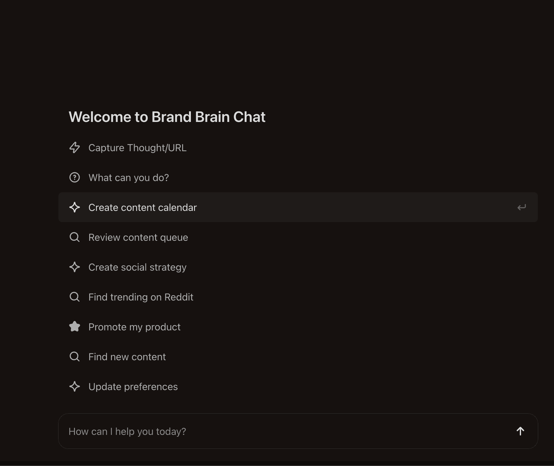 Agent Chat welcome screen showing initial prompts including Review content queue