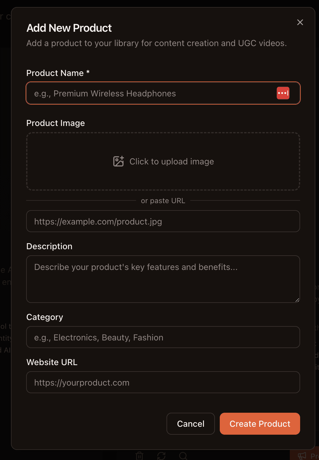 Add New Product form with fields for name, image, description, category, and website URL