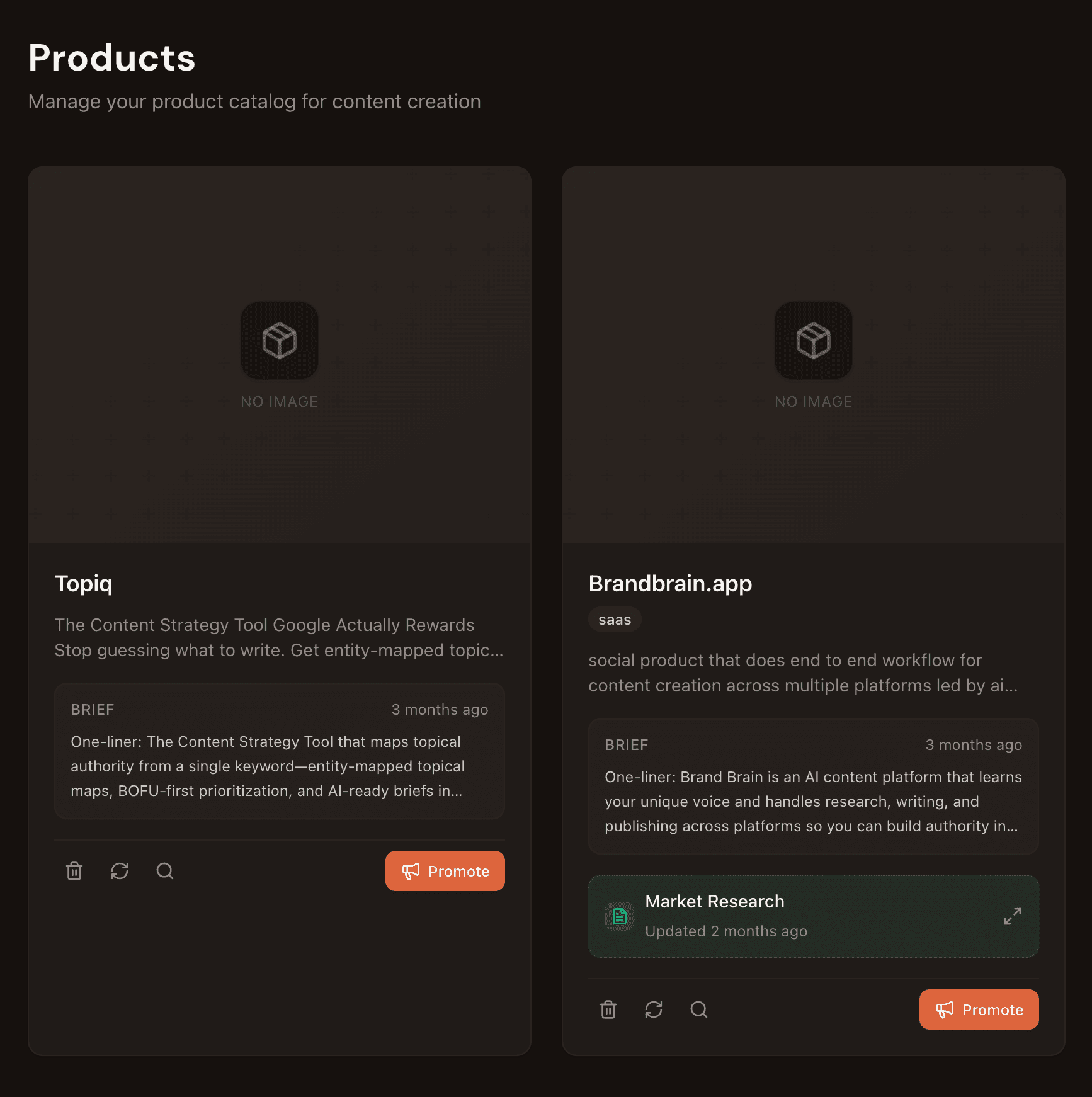 Products page showing product cards with briefs, market research badges, and promote buttons