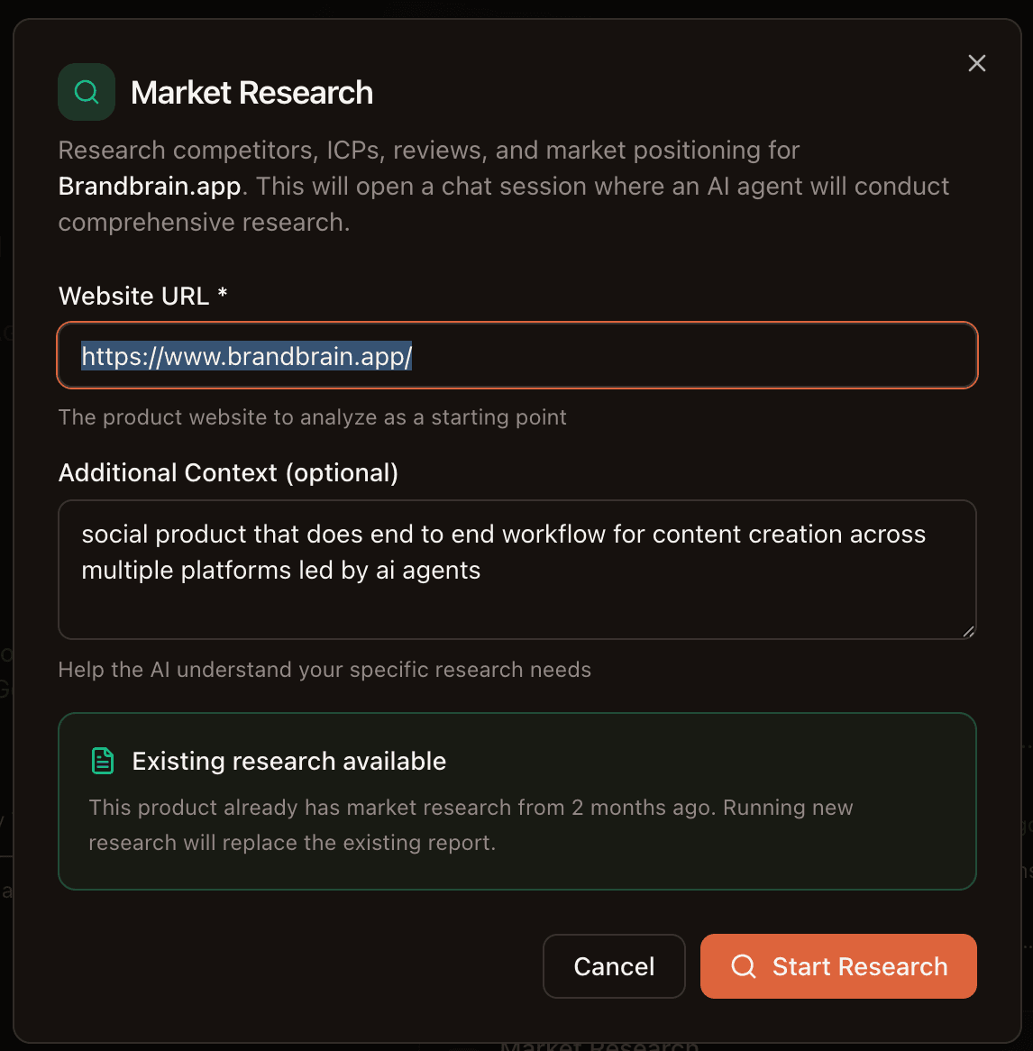 Market Research dialog with website URL field, additional context, and Start Research button