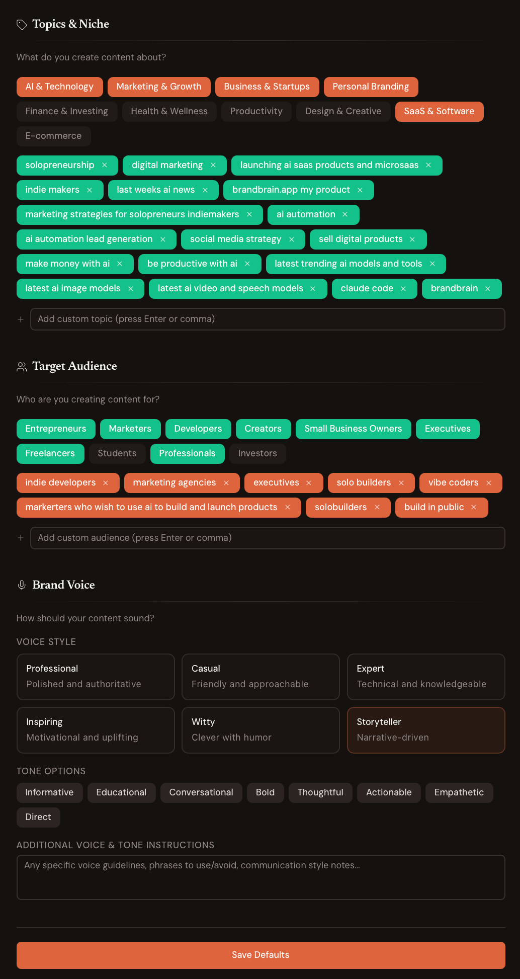 Content Defaults page showing Topics & Niche tags, Target Audience tags, and Brand Voice style and tone settings