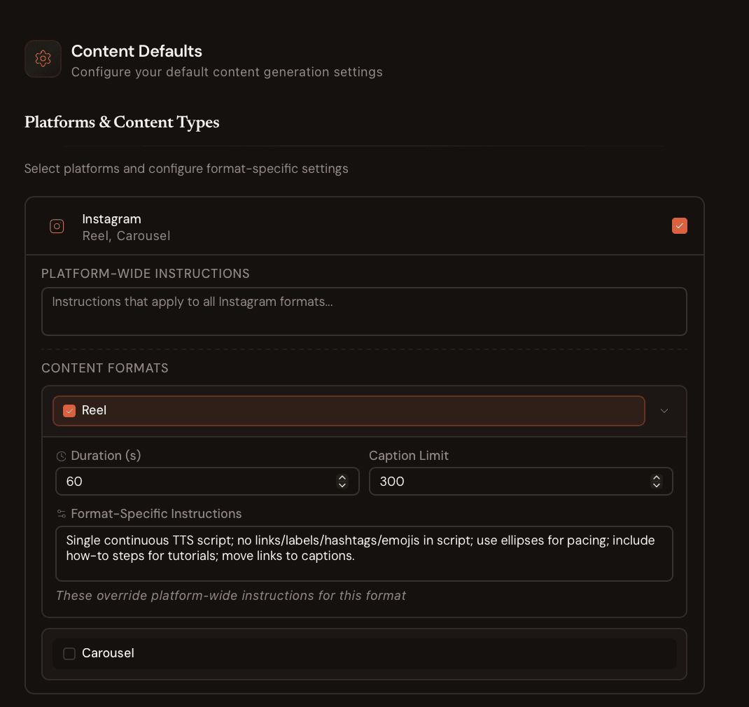 Platforms & Content Types page showing platform-specific instructions, formatting rules, and content length settings