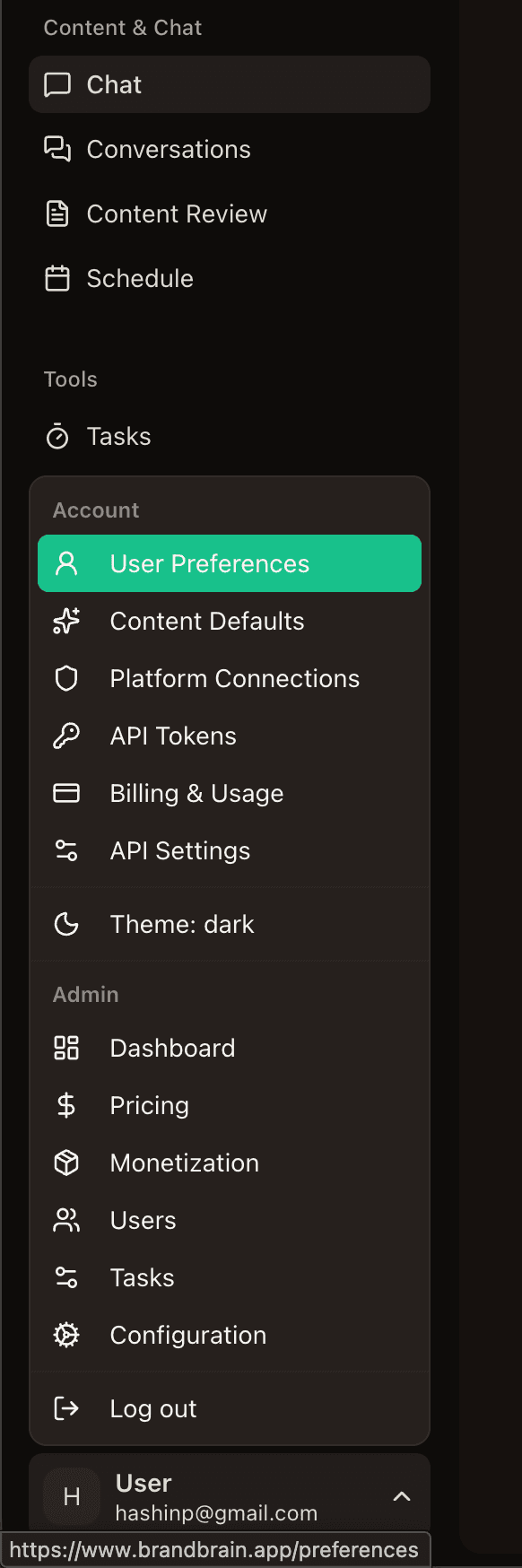 Account menu in sidebar footer showing User Preferences, Content Defaults, Platform Connections, and other settings