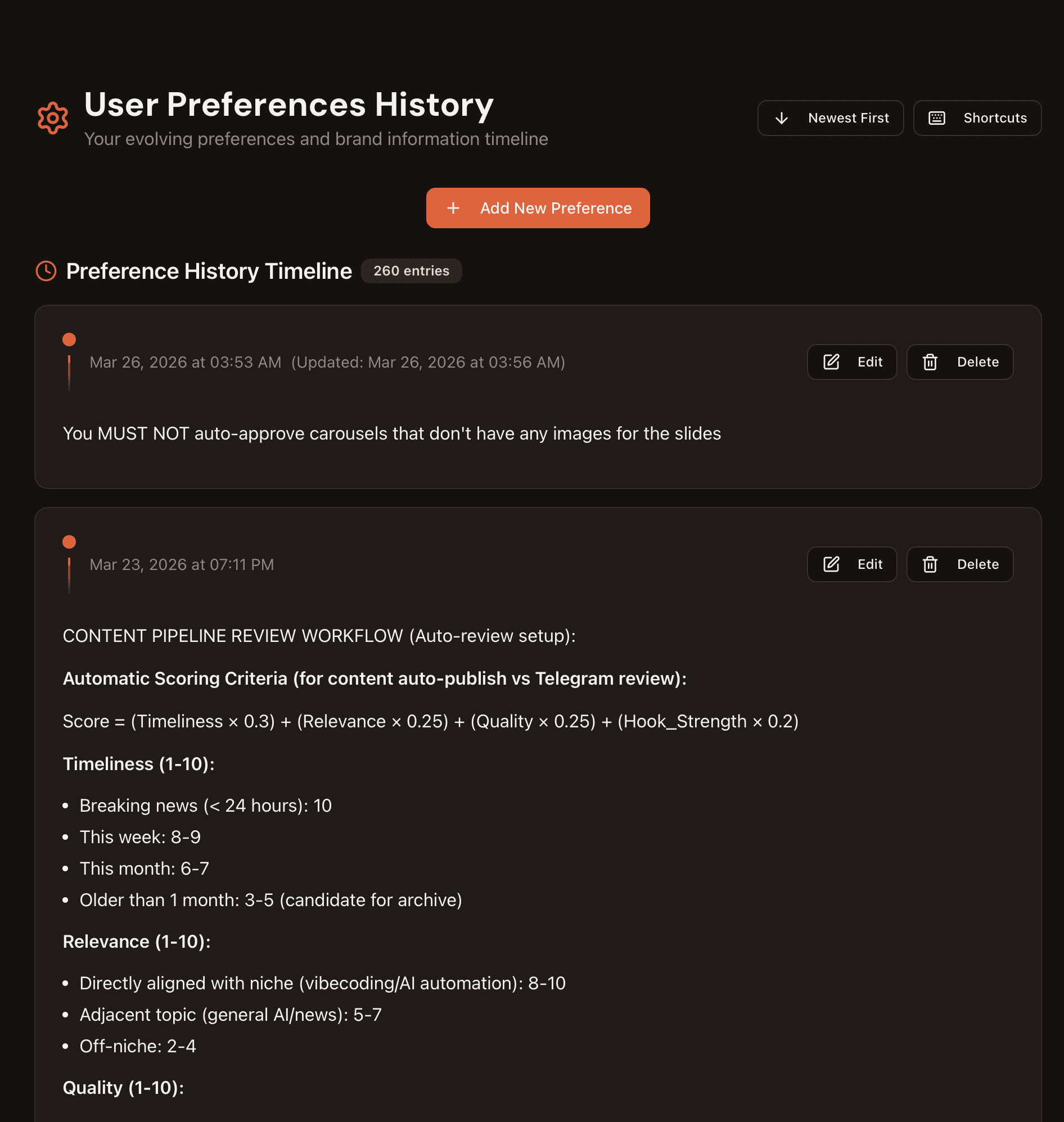 User Preferences timeline showing captured rules including content scoring criteria, formatting preferences, and style rules