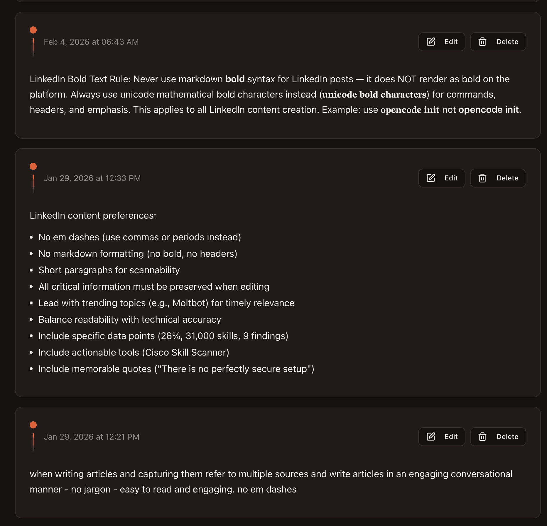 User Preferences timeline showing hundreds of captured preferences including LinkedIn formatting rules and content strategy