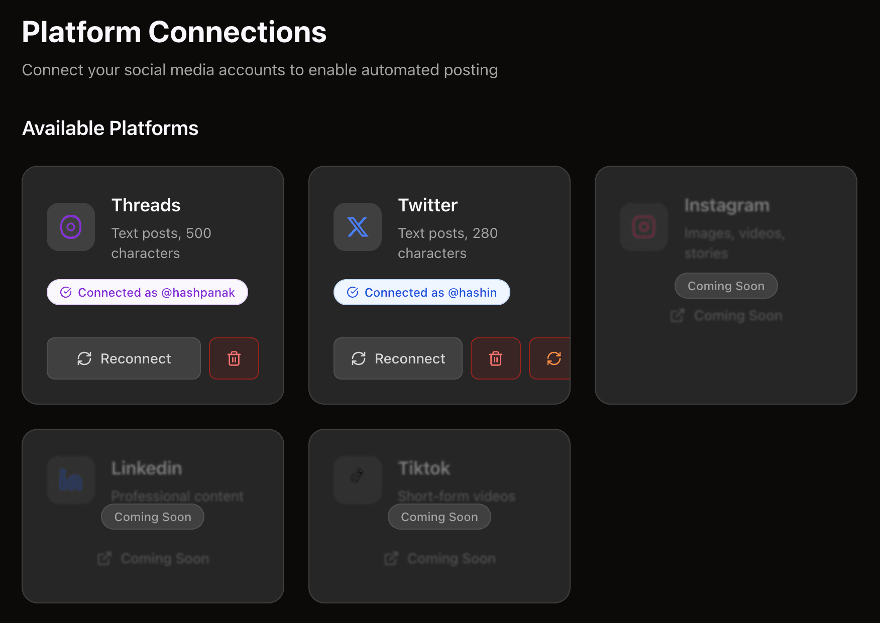 Connect Your Platforms - One-click OAuth setup for all your social media accounts. No API keys or technical complexity โ just simple authentication.